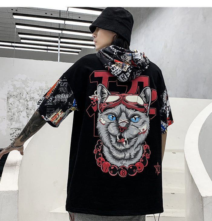 Hip Hop Dark Cat Print Men T Shirt Harajuku Streetwear Hooded Tops Tees Casual Cotton Short Sleeve | Vimost Shop.