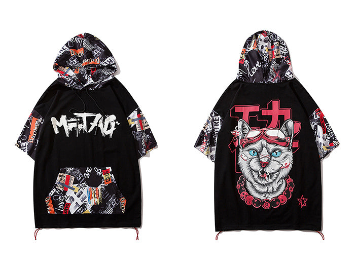 Hip Hop Dark Cat Print Men T Shirt Harajuku Streetwear Hooded Tops Tees Casual Cotton Short Sleeve | Vimost Shop.