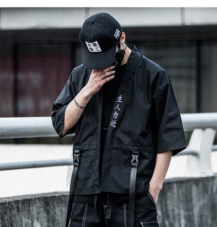 Harajuku Open Stitch Jackets Men Hip Hop Thin Coats Ribbons Japanese Style Male Seven-cent Sleeve Streetwear | Vimost Shop.
