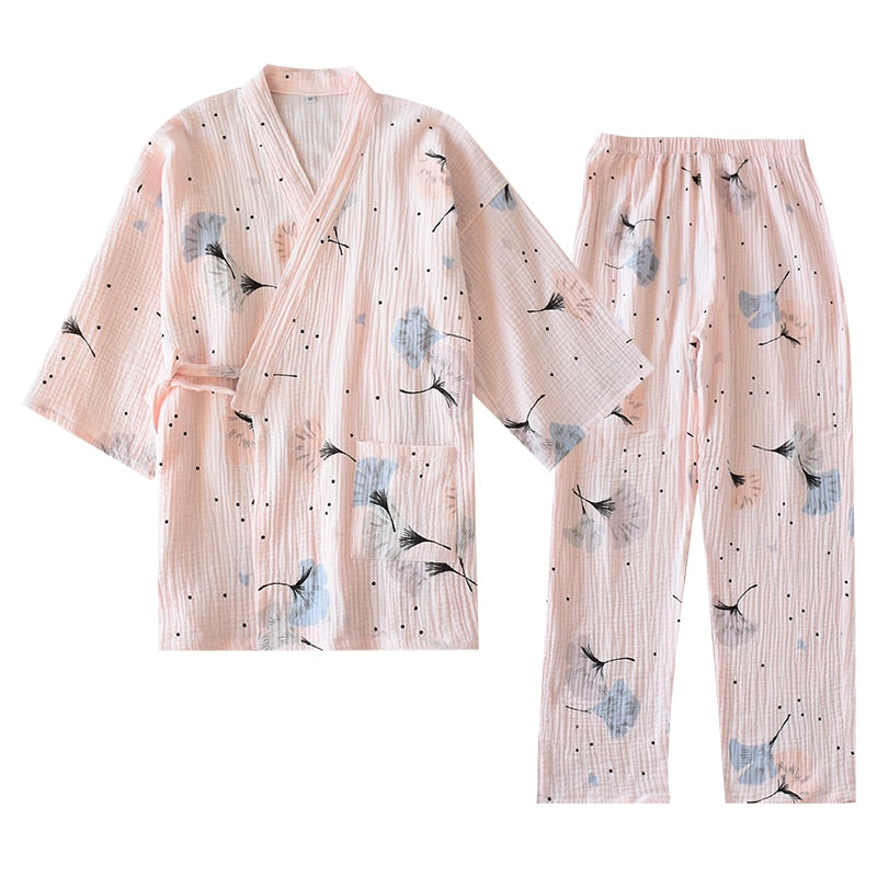 Pure Cotton Yarn Kimono Pajamas V-Neck Printing Plus Size Pijama Mujer Loungewear Women 2 Piece Sleepwear Autumn Fashion | Vimost Shop.