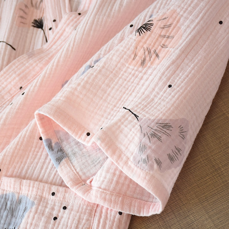 Pure Cotton Yarn Kimono Pajamas V-Neck Printing Plus Size Pijama Mujer Loungewear Women 2 Piece Sleepwear Autumn Fashion | Vimost Shop.