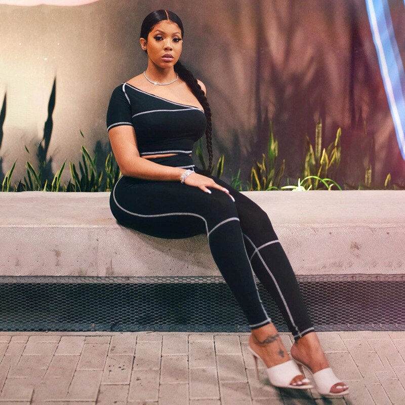 Summer Striped Patchwork Yoga Sports Two Piece Tracksuit Set For Sexy One Shoulder Crop Top Leggings Fitness Pants Jogging Suit | Vimost Shop.