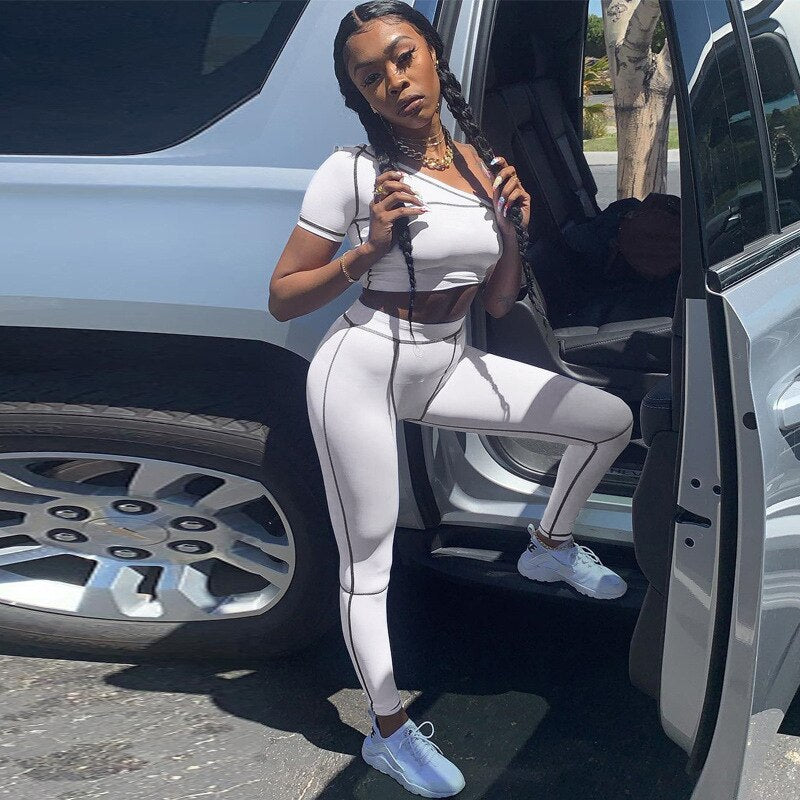 Summer Striped Patchwork Yoga Sports Two Piece Tracksuit Set For Sexy One Shoulder Crop Top Leggings Fitness Pants Jogging Suit | Vimost Shop.
