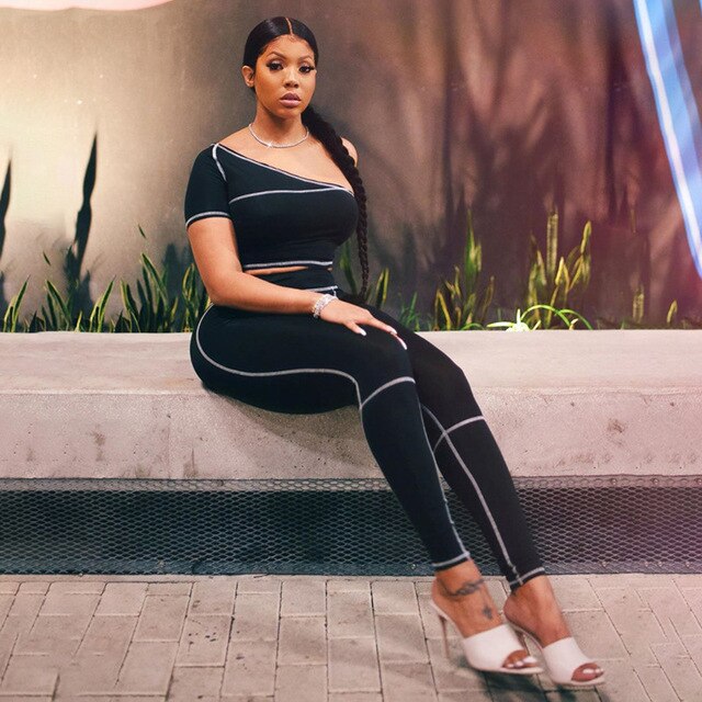 Summer Striped Patchwork Yoga Sports Two Piece Tracksuit Set For Sexy One Shoulder Crop Top Leggings Fitness Pants Jogging Suit | Vimost Shop.
