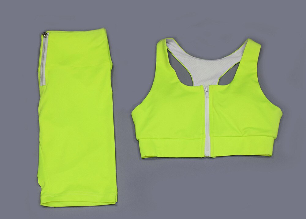 Fluorescent Seamless Yoga Fitness Sports Set Tank Zipper Crop Top Slim Leggings Short Pants Gym Workout Outdoor Jogging Suits | Vimost Shop.
