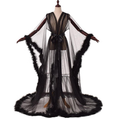 Sexy Illusion Long Lingerie Robe Nightgown Bathrobe Sleepwear Feather Bridal Robe | Vimost Shop.