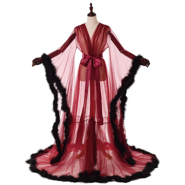 Sexy Illusion Long Lingerie Robe Nightgown Bathrobe Sleepwear Feather Bridal Robe | Vimost Shop.