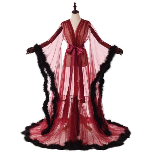 Sexy Illusion Long Lingerie Robe Nightgown Bathrobe Sleepwear Feather Bridal Robe | Vimost Shop.