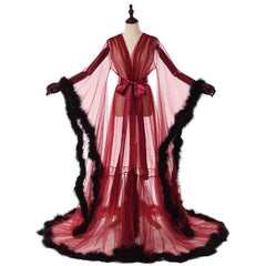 Sexy Illusion Long Lingerie Robe Nightgown Bathrobe Sleepwear Feather Bridal Robe