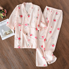 Ladies cotton pajamas set spring summer autumn double layer cotton gauze middle-sleeved trousers kimono home service suit thin | Vimost Shop.