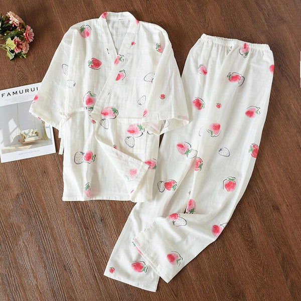 Ladies cotton pajamas set spring summer autumn double layer cotton gauze middle-sleeved trousers kimono home service suit thin | Vimost Shop.