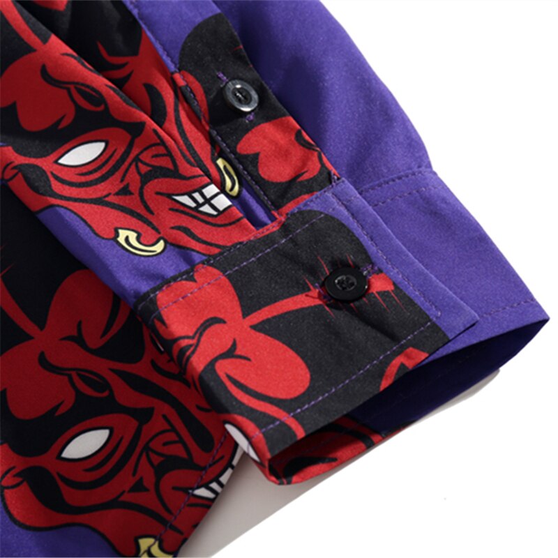 Japanese Style Devil Print Clothes Streetwear Shirts Mens Casual Long Sleeve Shirt Camisas Hip Hop Shirts Tops | Vimost Shop.