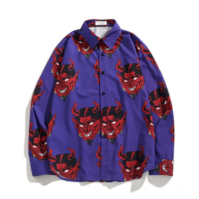 Japanese Style Devil Print Clothes Streetwear Shirts Mens Casual Long Sleeve Shirt Camisas Hip Hop Shirts Tops | Vimost Shop.