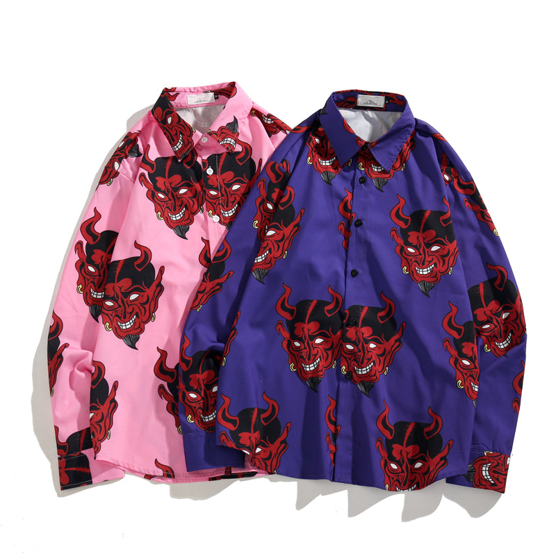Japanese Style Devil Print Clothes Streetwear Shirts Mens Casual Long Sleeve Shirt Camisas Hip Hop Shirts Tops | Vimost Shop.