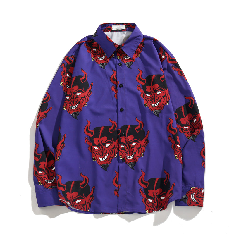 Japanese Style Devil Print Clothes Streetwear Shirts Mens Casual Long Sleeve Shirt Camisas Hip Hop Shirts Tops | Vimost Shop.