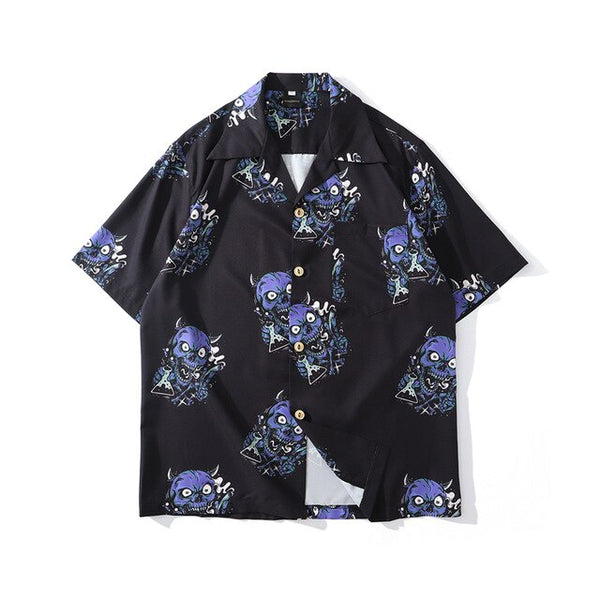Summer Fashion Harajuku Full Devil Print Hawaiian Shirts Streetwear Hip Hop Casual Beach Short Sleeve Men Black Tops | Vimost Shop.