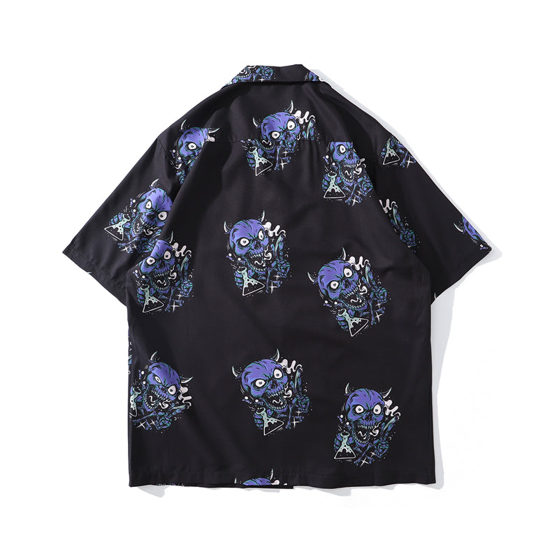 Summer Fashion Harajuku Full Devil Print Hawaiian Shirts Streetwear Hip Hop Casual Beach Short Sleeve Men Black Tops | Vimost Shop.