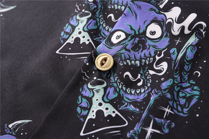Summer Fashion Harajuku Full Devil Print Hawaiian Shirts Streetwear Hip Hop Casual Beach Short Sleeve Men Black Tops | Vimost Shop.