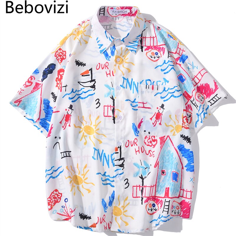Men's Fashion Graffiti Shirt  Trend Hawaiian Casual Beach Shirts Summer Hip Hop Street Black Short Sleeve Tops Tees | Vimost Shop.