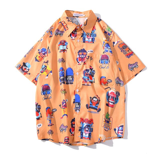 New Men's Cool Shirt Hawaiian Camicias Casual White Beach Shirts Hip Hop Street Cartoon Print Short Sleeve Tops | Vimost Shop.