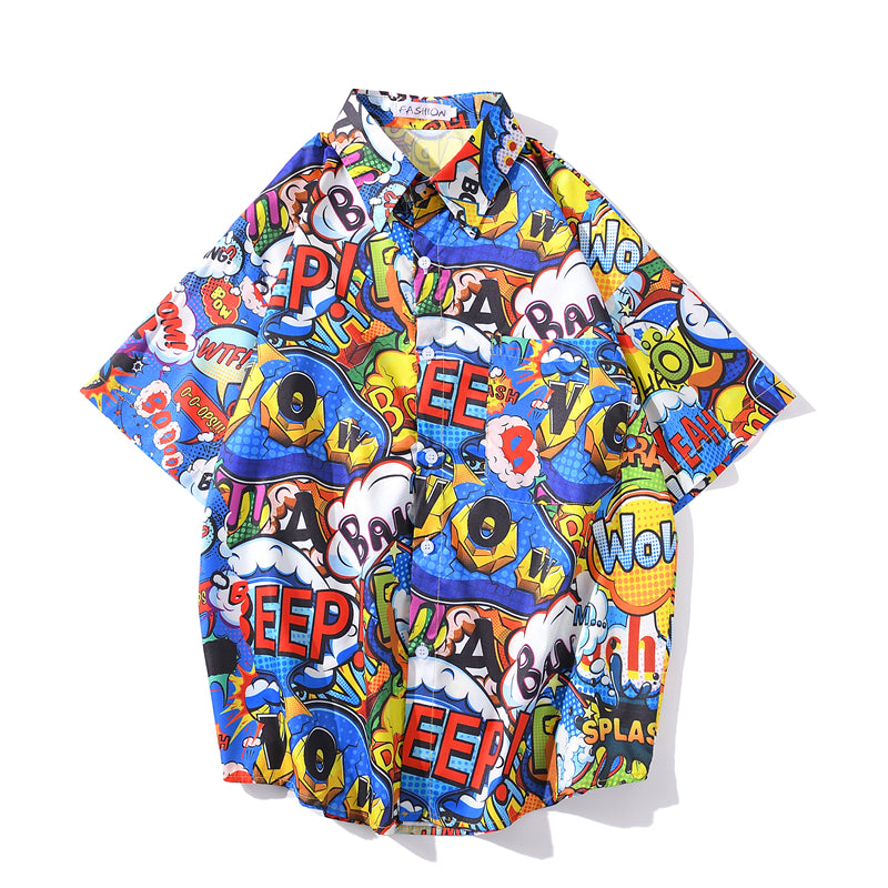 Summer Street Graffiti Blue Shirt Male Fashion Beach Holiday Shirt Hip Hop Casual Mens Short Sleeve Hawaiian Shirts | Vimost Shop.