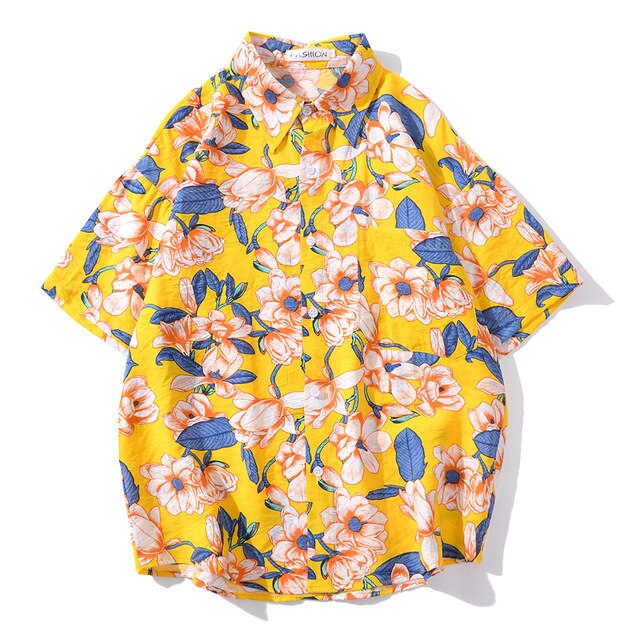 Summer Hip Hop Tops Korean Full Flowers Print Yellow Shirt Fashion Holiday Casual Mens Short Sleeve Hawaiian Shirts | Vimost Shop.