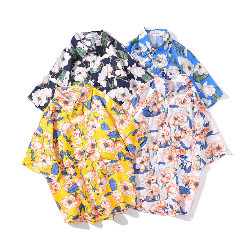 Summer Hip Hop Tops Korean Full Flowers Print Yellow Shirt Fashion Holiday Casual Mens Short Sleeve Hawaiian Shirts | Vimost Shop.