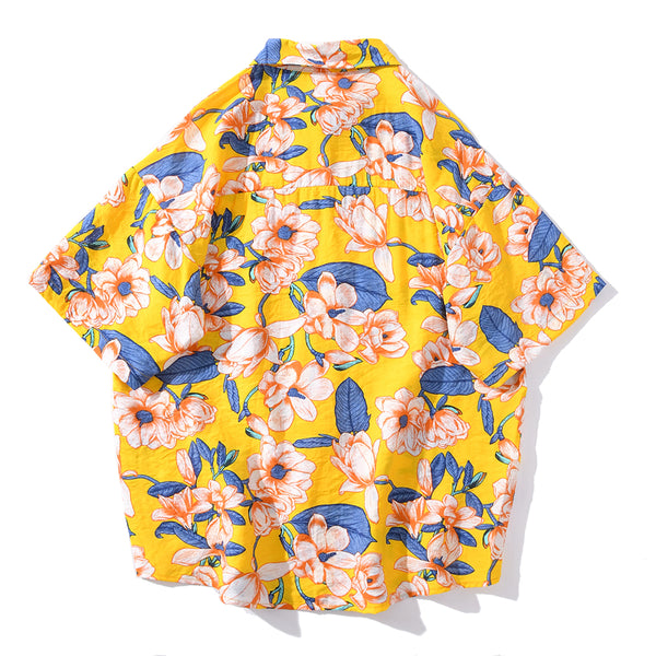 Summer Hip Hop Tops Korean Full Flowers Print Yellow Shirt Fashion Holiday Casual Mens Short Sleeve Hawaiian Shirts | Vimost Shop.