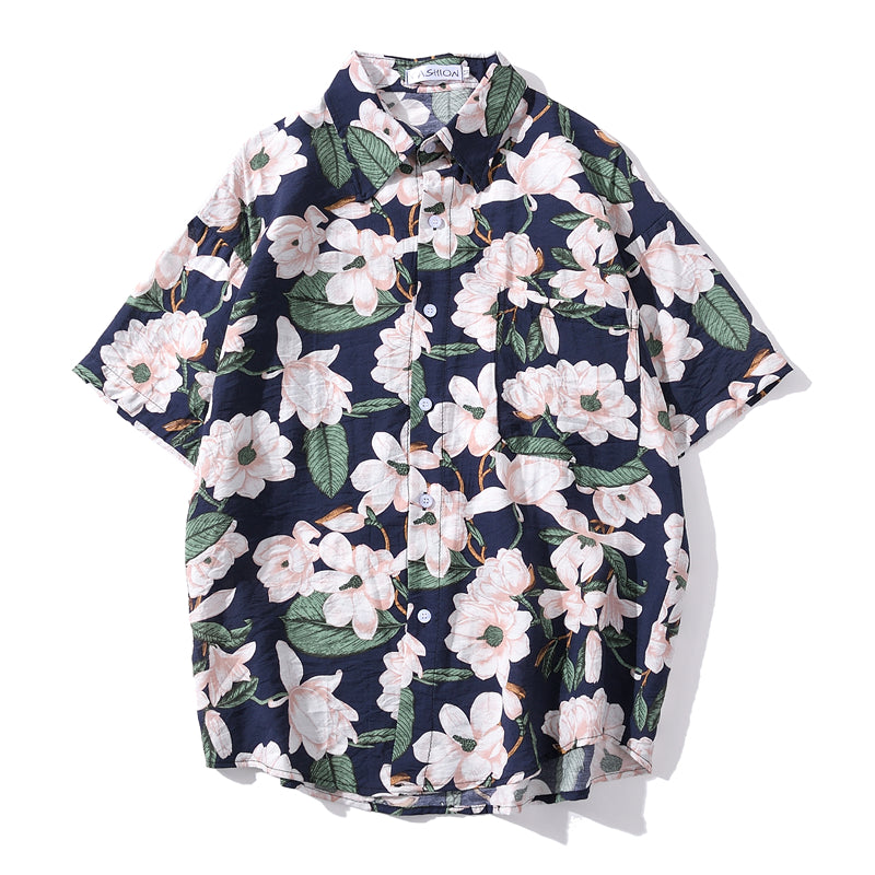 Summer Hip Hop Tops Korean Full Flowers Print Yellow Shirt Fashion Holiday Casual Mens Short Sleeve Hawaiian Shirts | Vimost Shop.