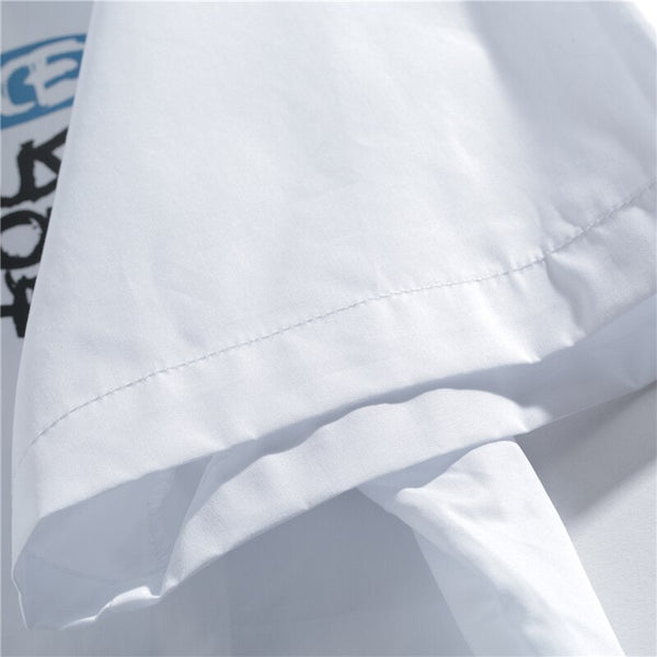 Japanese Style Cat Print White Shirts Mens Casual Short Sleeve Shirt Male Fashion Cotton Shirts Tops Clothing | Vimost Shop.