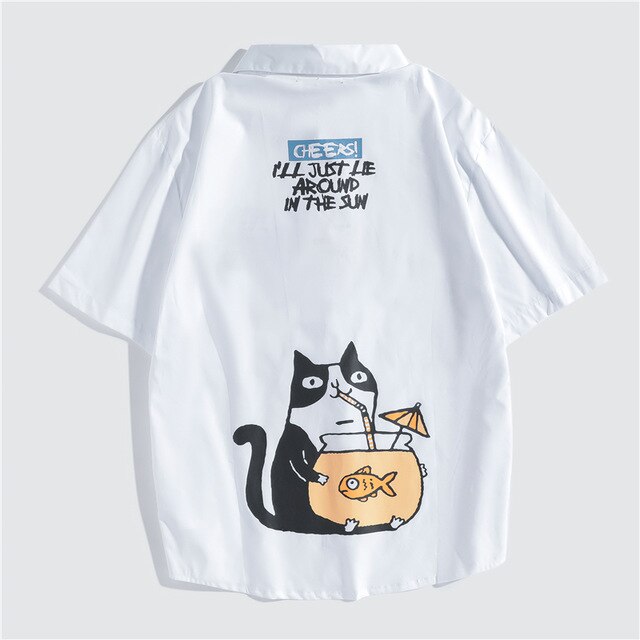 Japanese Style Cat Print White Shirts Mens Casual Short Sleeve Shirt Male Fashion Cotton Shirts Tops Clothing | Vimost Shop.