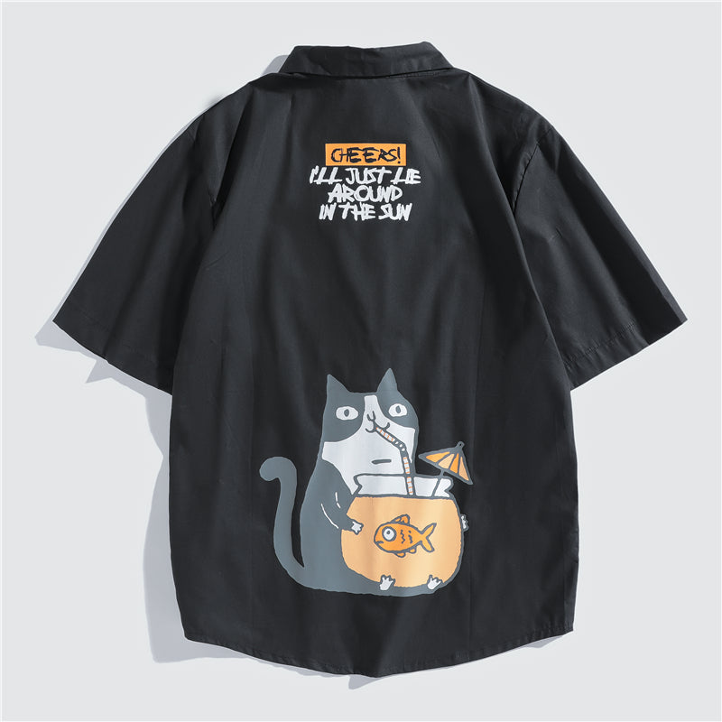 Japanese Style Cat Print White Shirts Mens Casual Short Sleeve Shirt Male Fashion Cotton Shirts Tops Clothing | Vimost Shop.