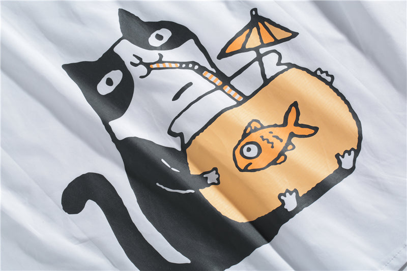 Japanese Style Cat Print White Shirts Mens Casual Short Sleeve Shirt Male Fashion Cotton Shirts Tops Clothing | Vimost Shop.