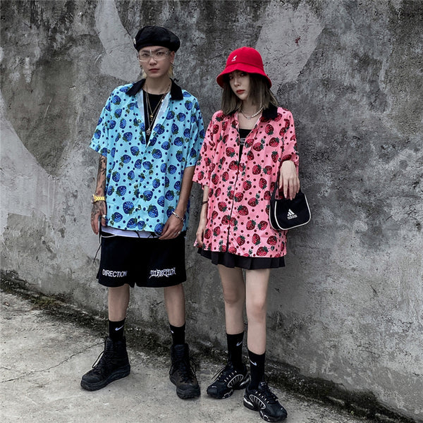 Strawberry Print Harajuku Shirt Mens Hip Hop Streetwear Hawaiian Shirt Fashion Oversized Short Sleeve Korean Red Tops | Vimost Shop.