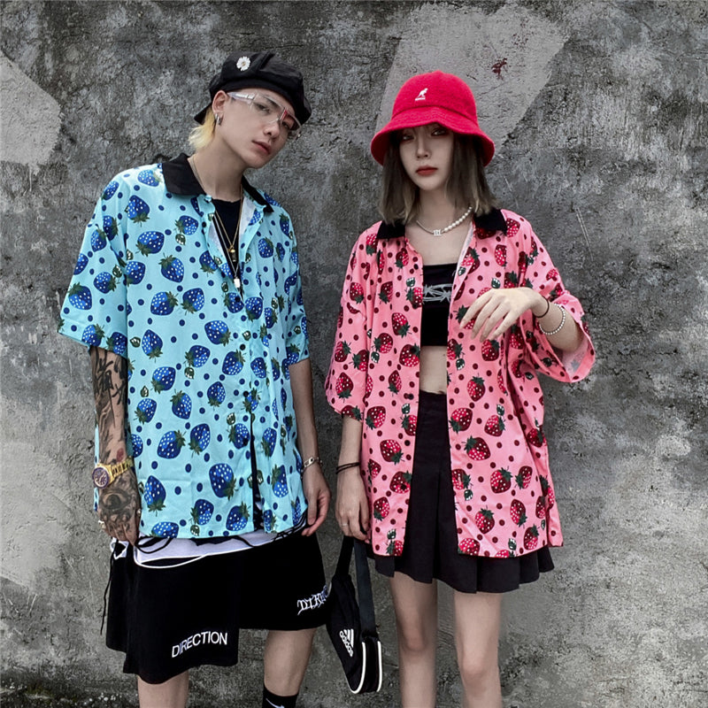 Strawberry Print Harajuku Shirt Mens Hip Hop Streetwear Hawaiian Shirt Fashion Oversized Short Sleeve Korean Red Tops | Vimost Shop.