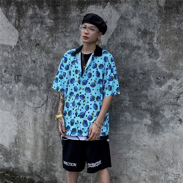 Strawberry Print Harajuku Shirt Mens Hip Hop Streetwear Hawaiian Shirt Fashion Oversized Short Sleeve Korean Red Tops | Vimost Shop.