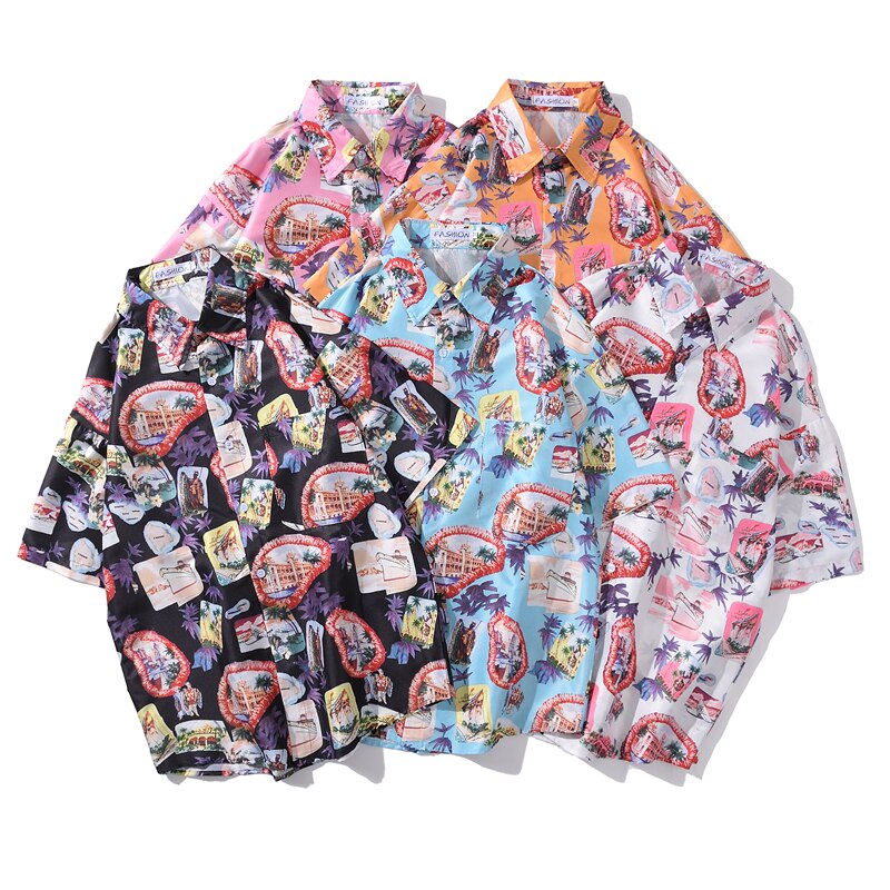 Summer Korean Flower Shirt Fashion Beach Holiday Pink Shirt Casual Mens Short Sleeve Hawaiian Shirts | Vimost Shop.