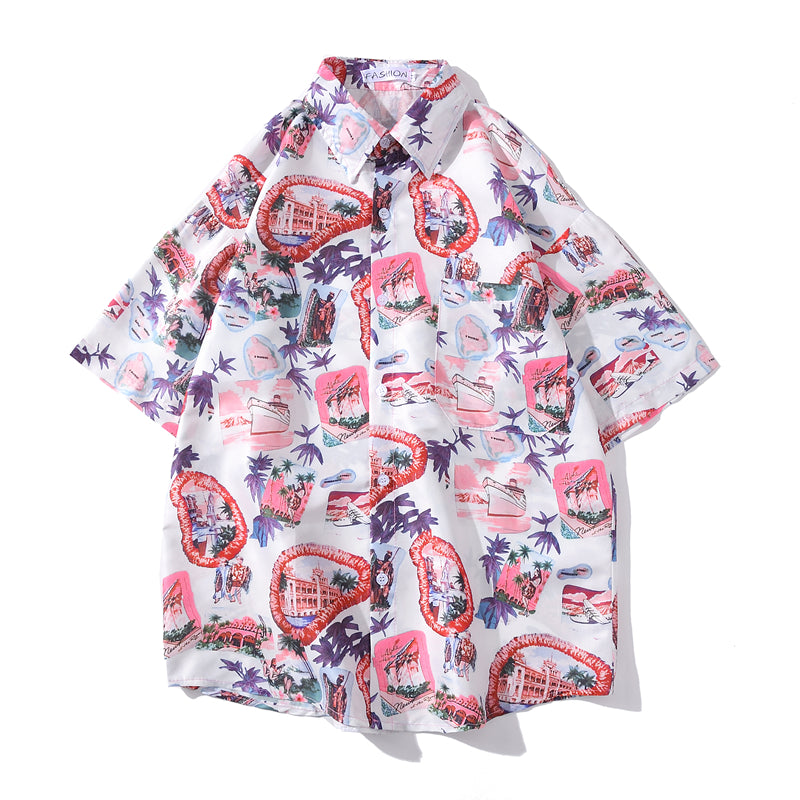 Summer Korean Flower Shirt Fashion Beach Holiday Pink Shirt Casual Mens Short Sleeve Hawaiian Shirts | Vimost Shop.