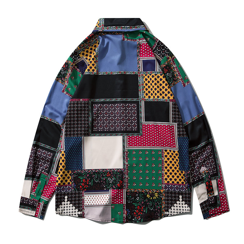 Geometry Print Shirts Color Block Patchwork Top Streetwear Mens Casual Hip Hop Long Sleeve Hawaiian Shirt | Vimost Shop.