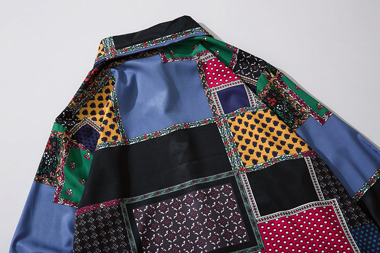 Geometry Print Shirts Color Block Patchwork Top Streetwear Mens Casual Hip Hop Long Sleeve Hawaiian Shirt | Vimost Shop.