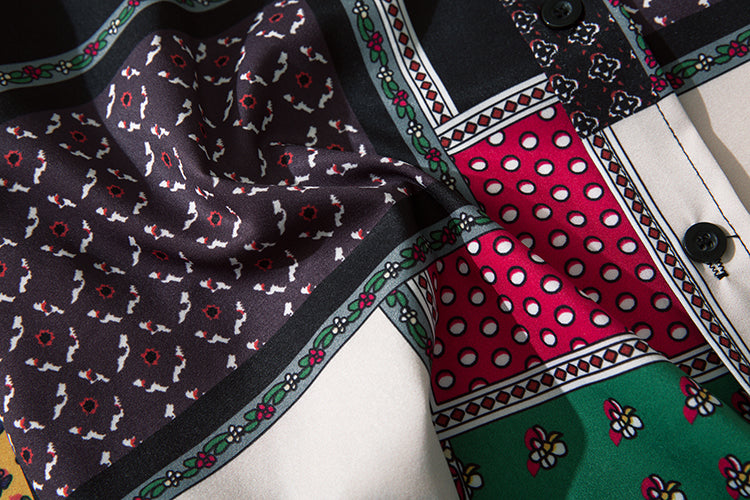 Geometry Print Shirts Color Block Patchwork Top Streetwear Mens Casual Hip Hop Long Sleeve Hawaiian Shirt | Vimost Shop.