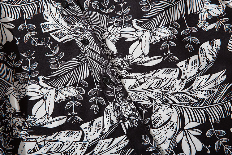 Leaves Print Floral Shirt Mens Casual Hip Hop Tops Black Long Sleeve Hawaiian Shirt Camisas Hombre | Vimost Shop.