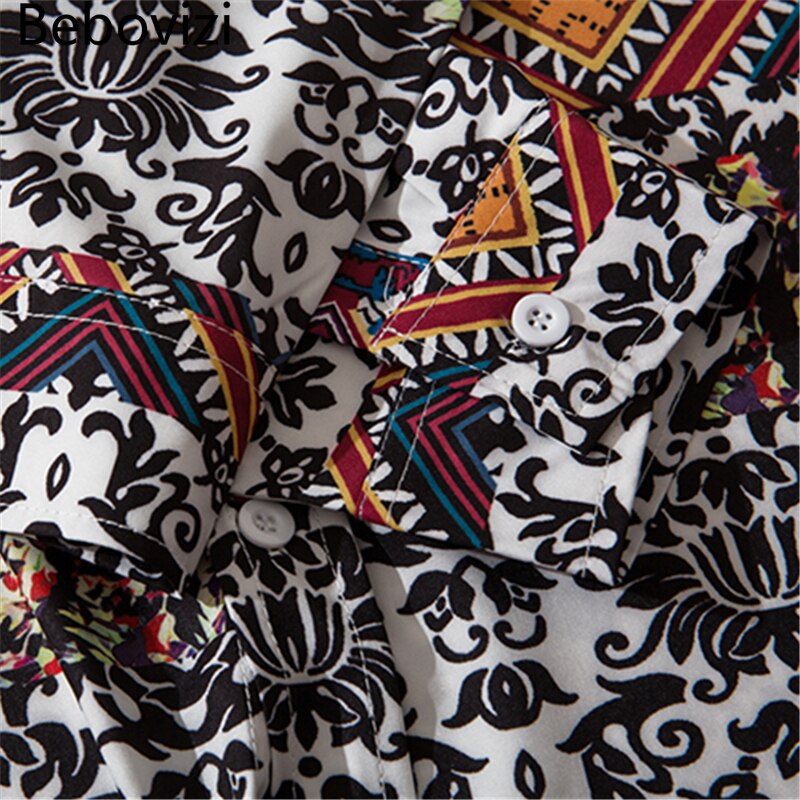 Geometry Print Orange Shirts Color Block Patchwork Clothes Mens Casual Hip Hop Long Sleeve Hawaiian Shirt | Vimost Shop.
