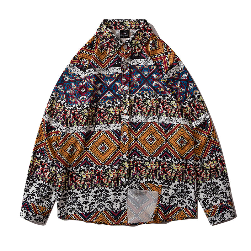 Geometry Print Orange Shirts Color Block Patchwork Clothes Mens Casual Hip Hop Long Sleeve Hawaiian Shirt | Vimost Shop.