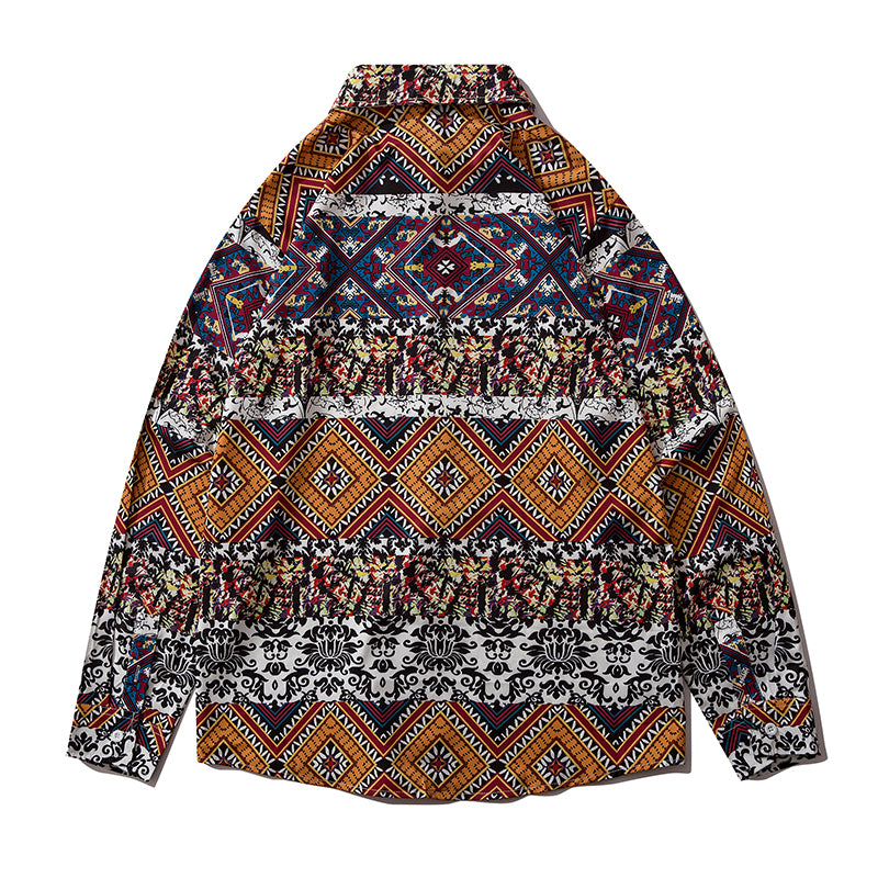 Geometry Print Orange Shirts Color Block Patchwork Clothes Mens Casual Hip Hop Long Sleeve Hawaiian Shirt | Vimost Shop.