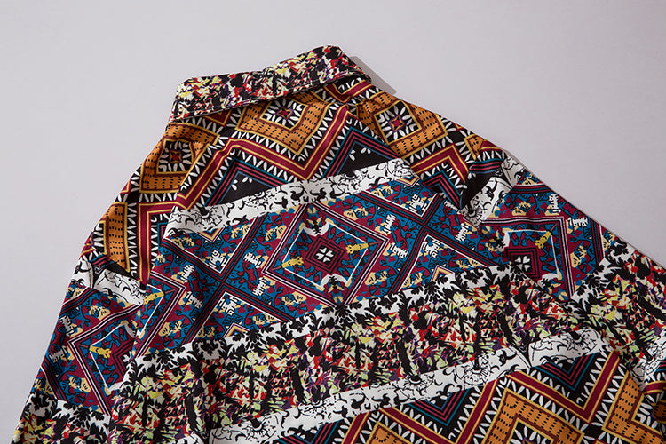 Geometry Print Orange Shirts Color Block Patchwork Clothes Mens Casual Hip Hop Long Sleeve Hawaiian Shirt | Vimost Shop.