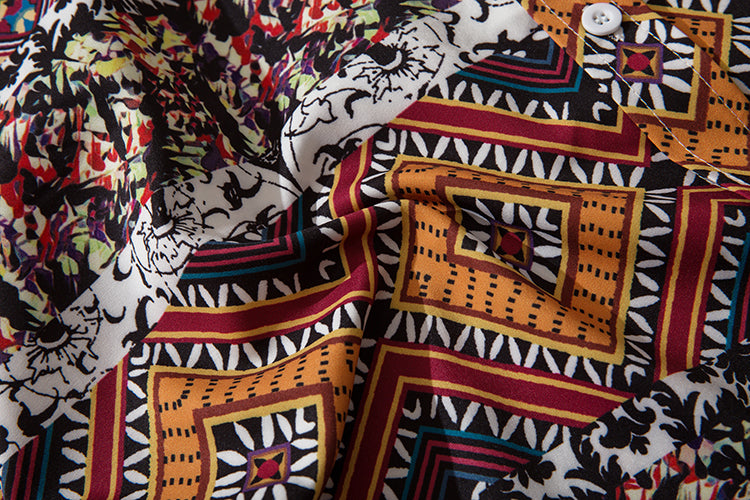 Geometry Print Orange Shirts Color Block Patchwork Clothes Mens Casual Hip Hop Long Sleeve Hawaiian Shirt | Vimost Shop.