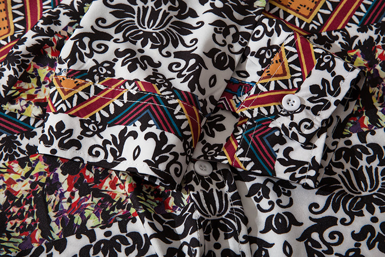 Geometry Print Orange Shirts Color Block Patchwork Clothes Mens Casual Hip Hop Long Sleeve Hawaiian Shirt | Vimost Shop.