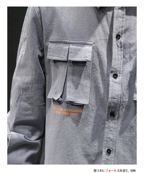 White Cotton Cargo Shirt Men Autumn Fashions Streetwear Casual Tops Male Letter Print Long Sleeve Military PLUS SIZE Shirts 5XL | Vimost Shop.