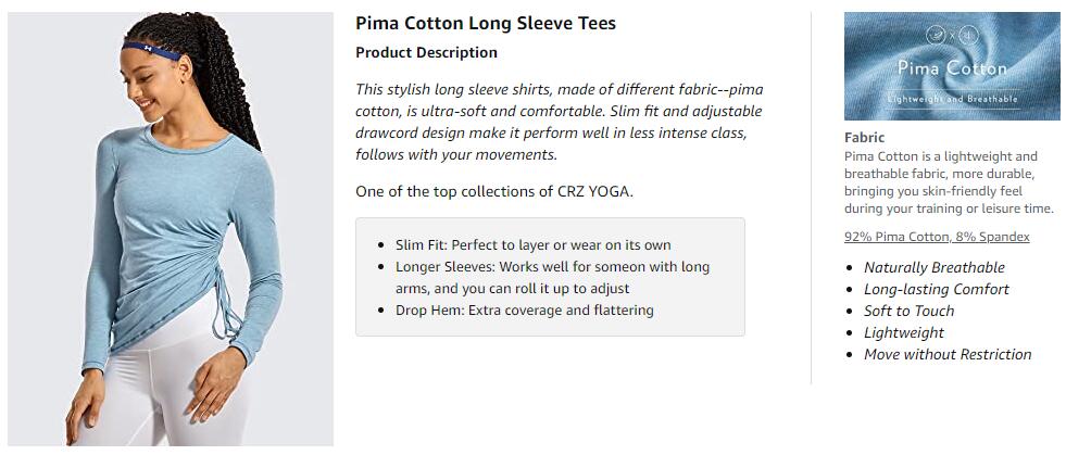 Women's Pima Cotton Workout Shirts Long-Sleeve T-Shirt Crewneck Athletic Top Gym